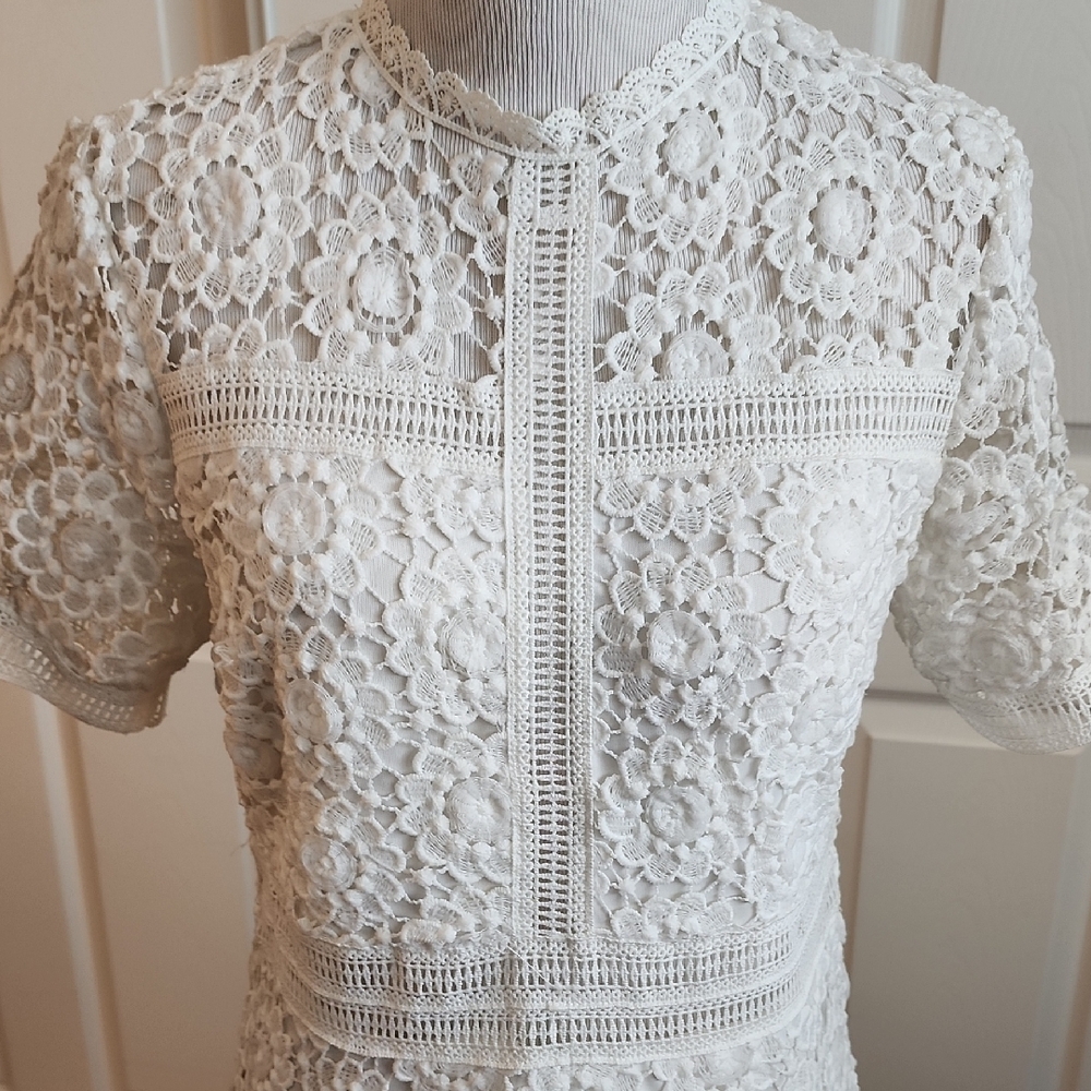 White A-Line Midi Dress with Peter Pan Collar - Picture 2 of 7
